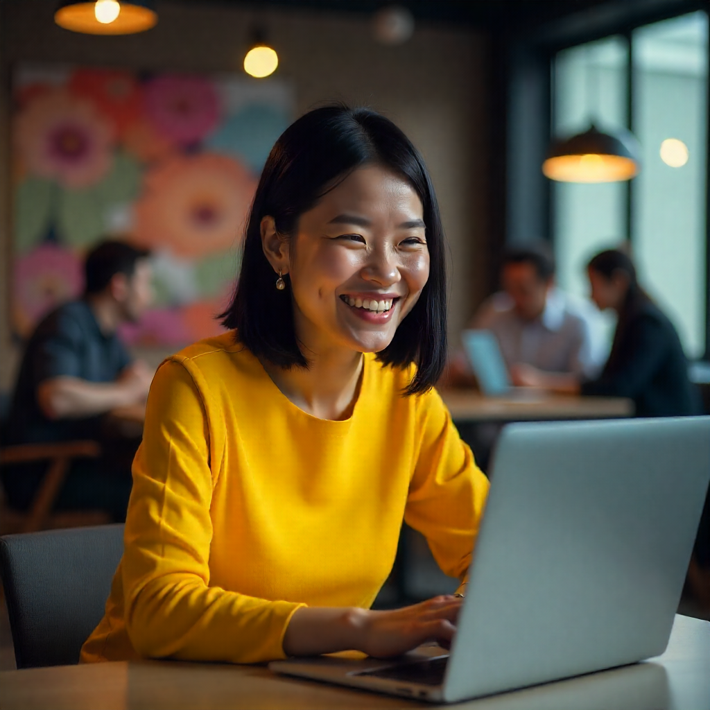 Lachende vrouw op laptop
